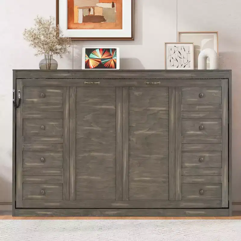 Twin Size Murphy Bed with LED Light, can be Folded into a Cabinet, Hidden Wall Bed Cabinet for Guest Room