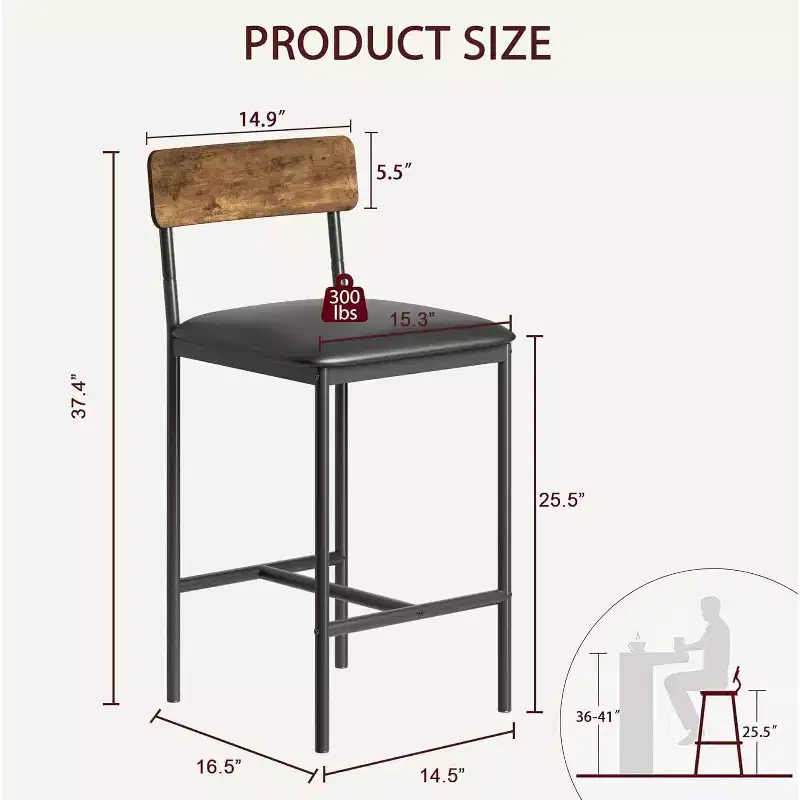 Set of 4 Gray Upholstered Counter Stools  Modern 25.5 Dining Chairs with Metal Legs, Footrest & Backrest for Kitchen Island or Dining Room