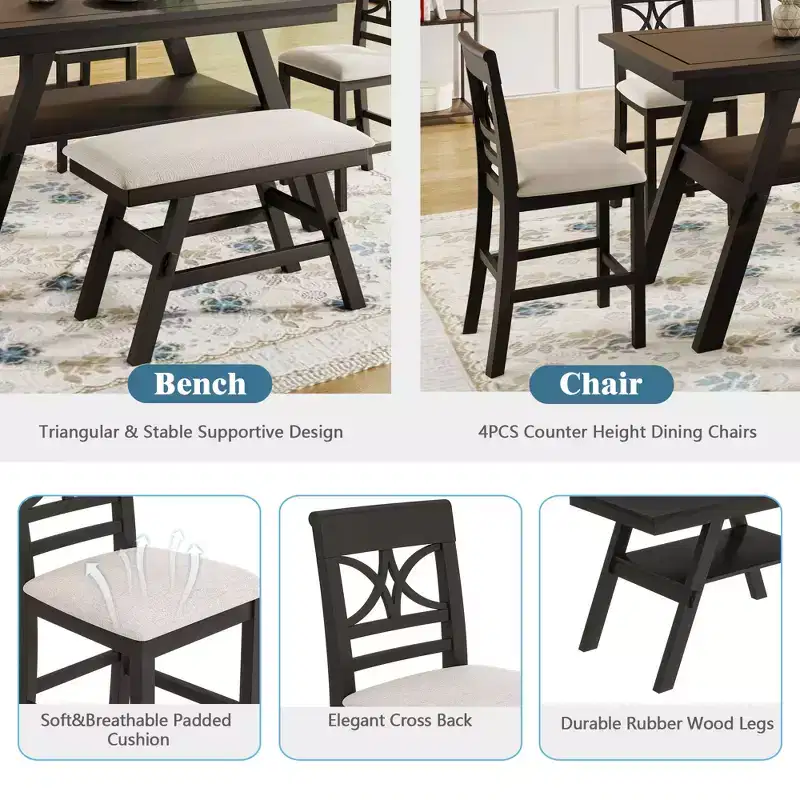 Whisen Rustic 6-Piece Counter Height Dining Table Set with Bench and 4 Upholstered Chairs