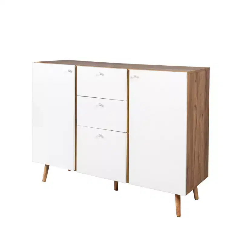 Homy Casa 47 Storage Cabinet with 3 Drawers and 2 Doors, Wood Legs, White Oak