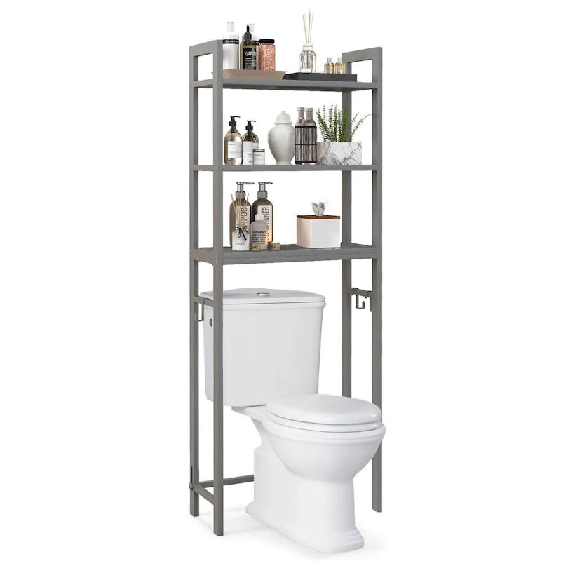 Over-The-Toilet Storage Shelf with 3 Shelves & 3 Hooks – Metal