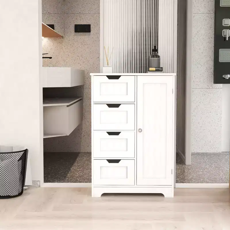 AndMakers 22.5 in. W. x 11.81 in. D x 32.68 in. H White Wood Linen Cabinet with 4 Drawers and 1 Door