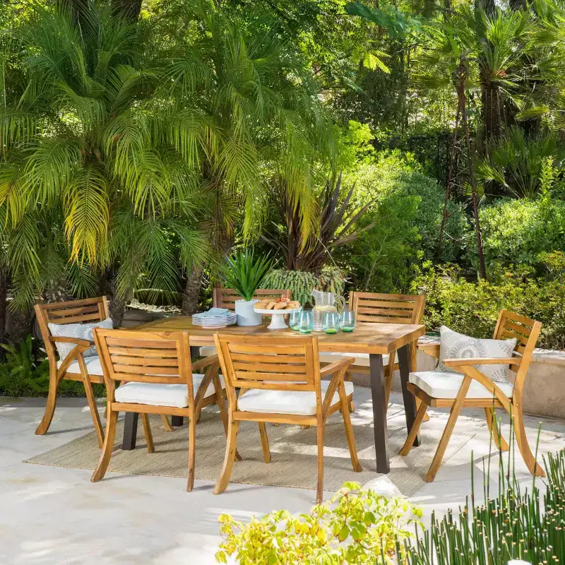 Della-Hermosa 7pc Acacia Wood Dining Set - Teak - Christopher Knight Home: Weather-Resistant with Polyester Cushions