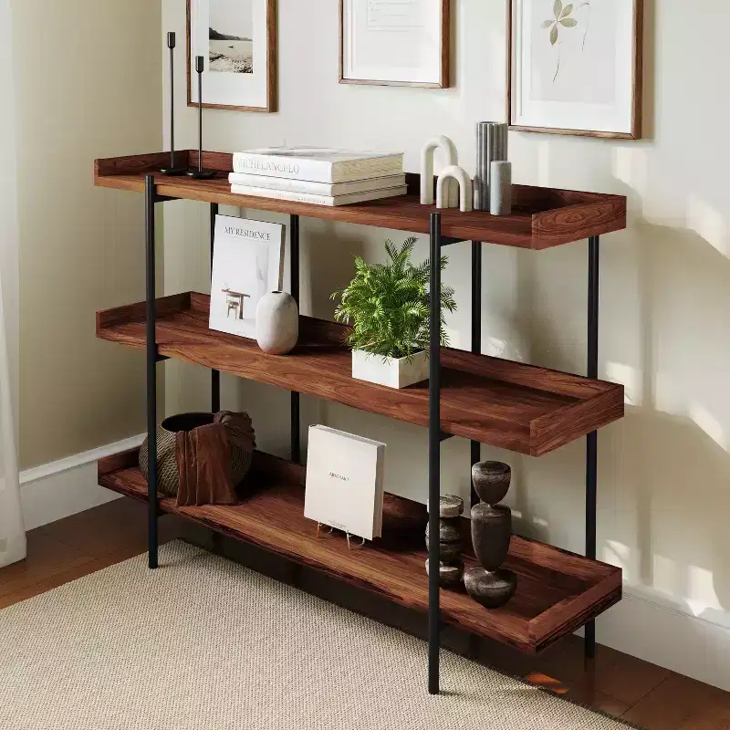 3-Shelf 35H Storage Bookcase with Black Metal Frame – Rustic Wood Grain Finish