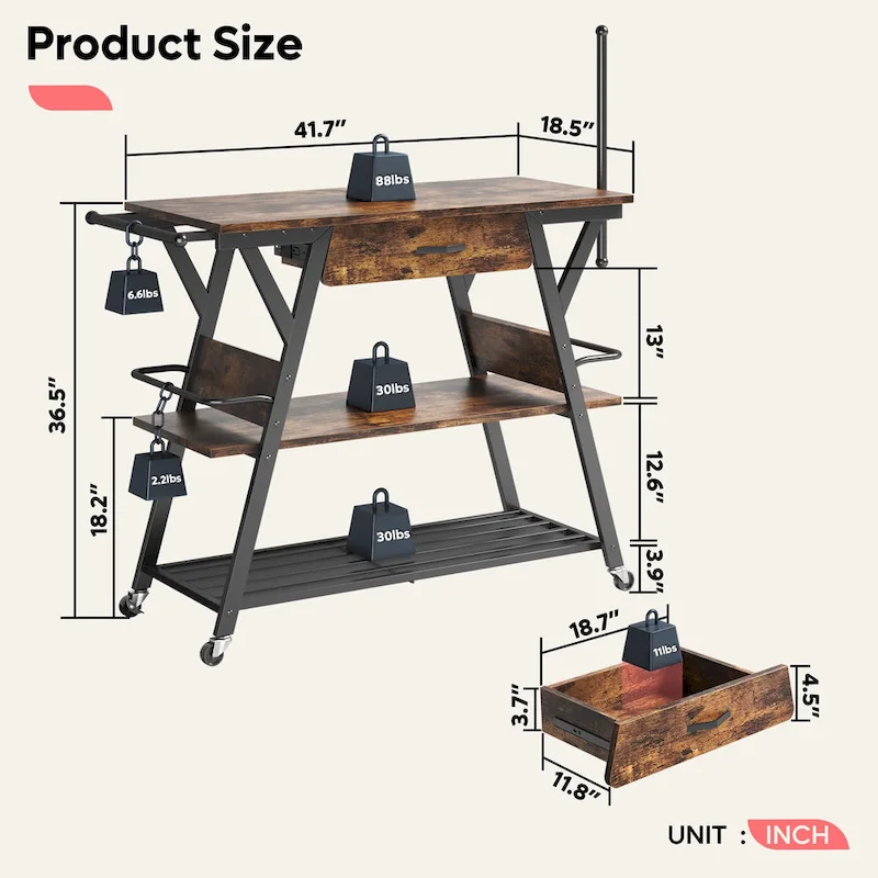 41.7 inch Wide Rolling Kitchen Island with Drawer - 41.7 inch