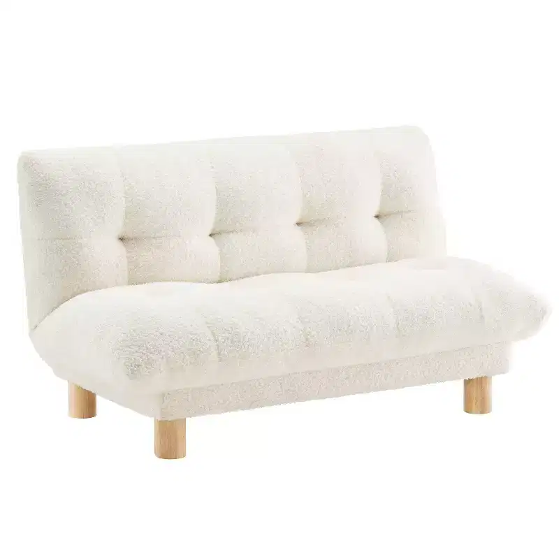 Buzz & Bloom Faux Shearling Cushioned Kids Couch with Tufted Seat and Back, Wood Legs in Marshmallow