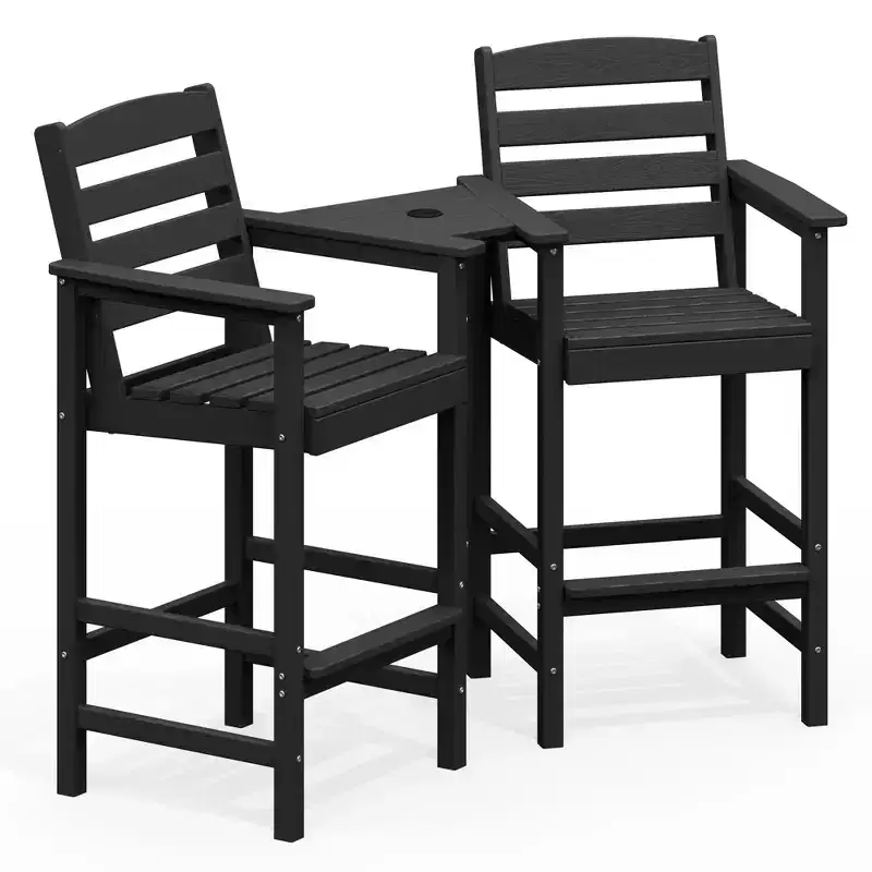 Hyleory HDPE Adirondack Bar Height Loveseat with Built-In Side Table, 2-Person Outdoor Double Chair