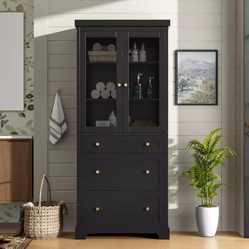 70.1H Modern Freestanding Bathroom Cabinet with 3 Drawers & Adjustable Shelves, Soft Close Glass Doors, for Multi-Room Storage - ModernLuxe