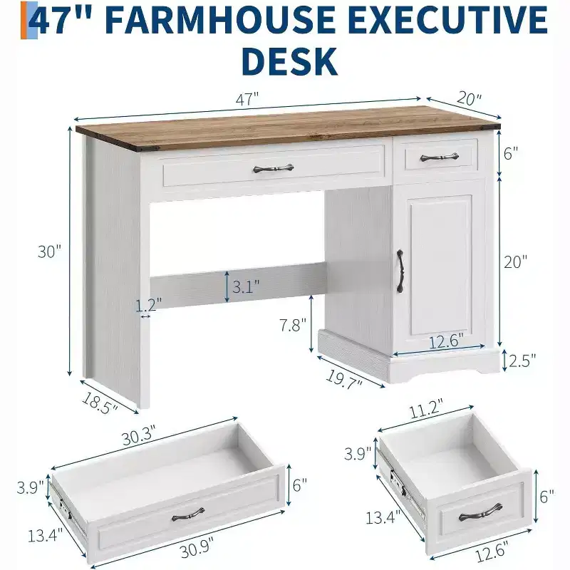 47 Executive Desk with Drawers and Storage Cabinet, Farmhouse Home Office Desk, Rustic Computer Writing Desks, for Study and Work