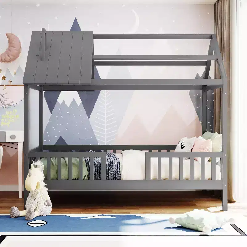 Twin Size Solid Wood House Bed Frame with Roof and Fence, Platform Bed for Kids Room