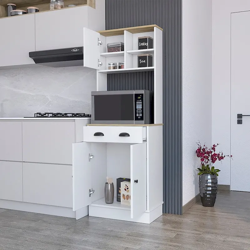 Microwave Storage Stand with 3-Doors and Drawer, White / Macadamia Finish
