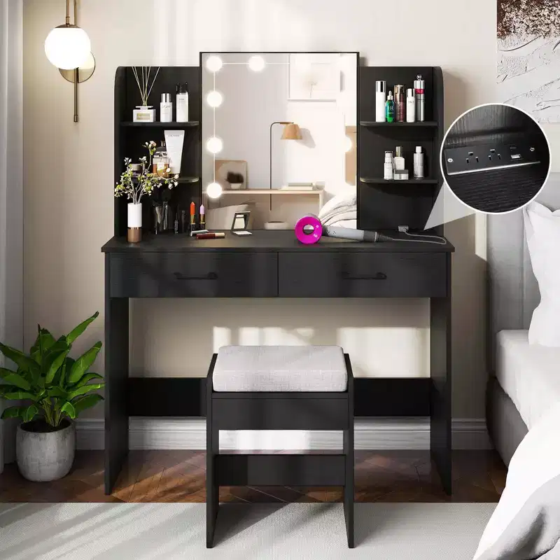 Makeup Vanity Desk with Lighted Mirror & Charging Station – 3-Color Dimmable LED, White/Black