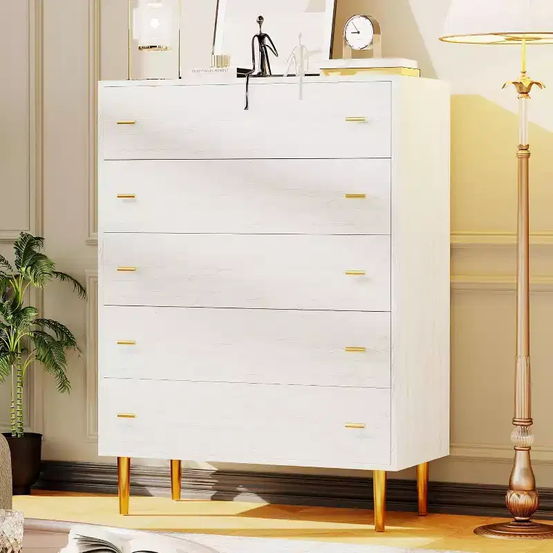 5/6 Drawers Dresser for Bedroom, Tall Wood Rustic Vintage Chest of Drawers with Storage and Gold Handles, for Bedroom, Living Room, Hallway, White