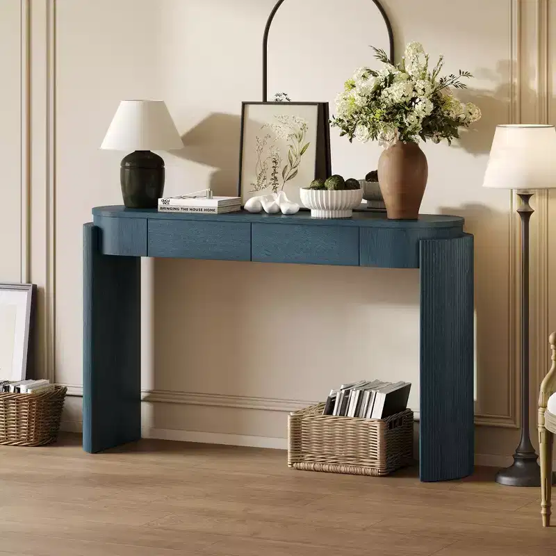 Okak 55.1IN Modern Console Table with Wood Grain Finish, Entryway Table with Oval Top and 2 Drawers, Accent Table for Living Room, Foyer, Navy