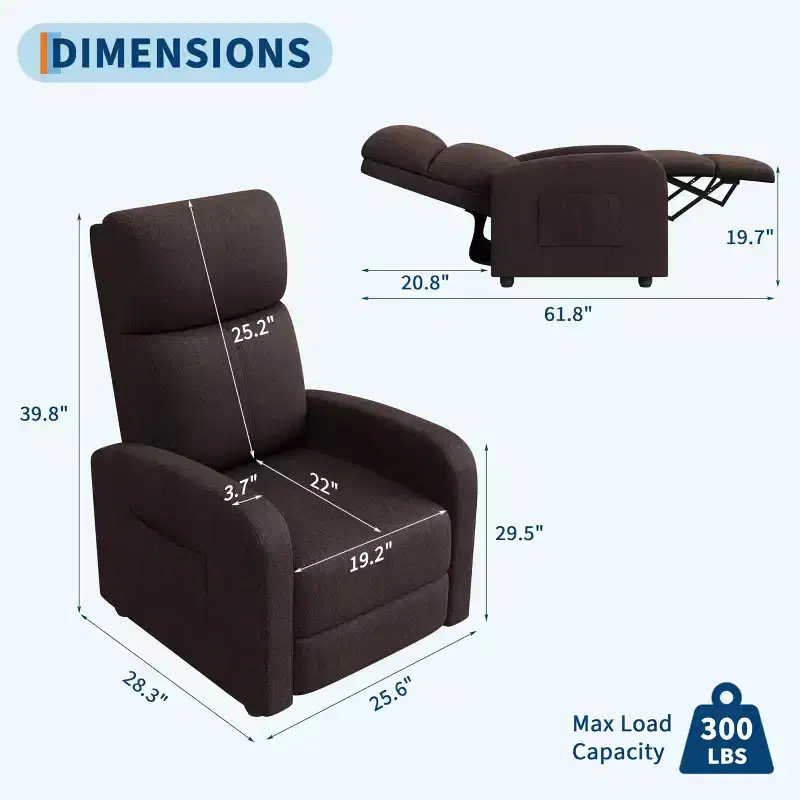 Comfortable Adult Recliner Chair  Manual Adjustable with Tall Back, Wide Arms & Side Pocket for Living Room Home Theater