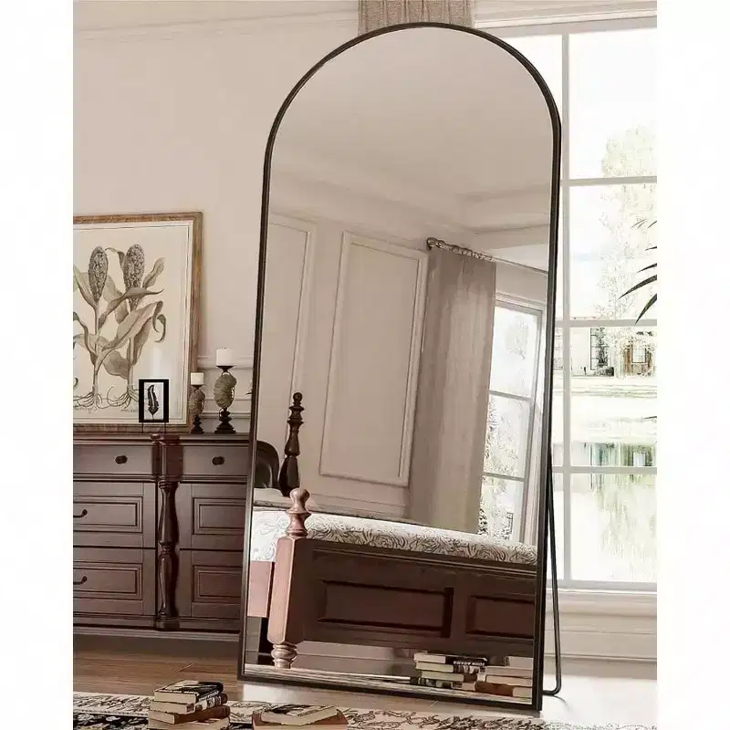 71x28 Black Arch Mirror with Stand. Full Length for Freestanding or Hanging Use in Bedroom, Living Room