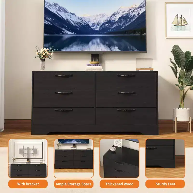 TV Stand with Mount & 6 Drawers, Adjustable Entertainment Center for Up to 75 TVs, Wooden Media Console Table for Living Room Bedroom, Black