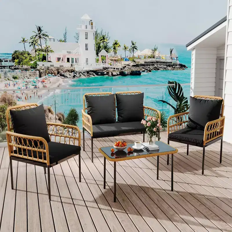 4-Piece Outdoor Patio Furniture Set with Table, Chaise Lounge & 2 Cushioned Armchairs, Rattan Balcony Set for Porch, Lawn, Poolside & Deck