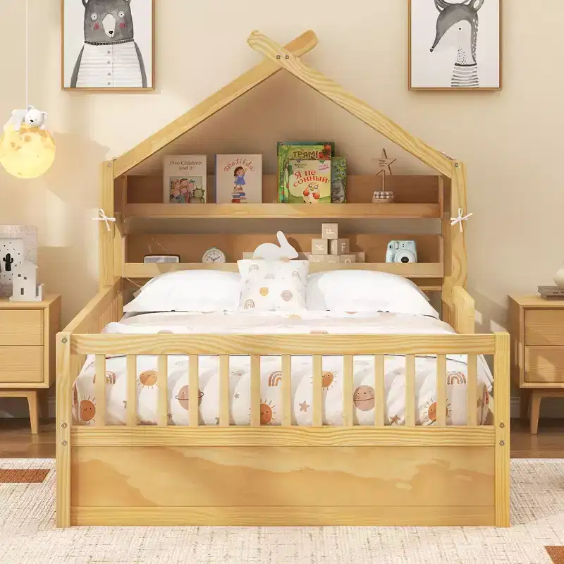 ModernLuxe Twin/Full Size Wooden House Bed with Storage Headboard, Solid Pine Kids Bed Frame with Guardrails