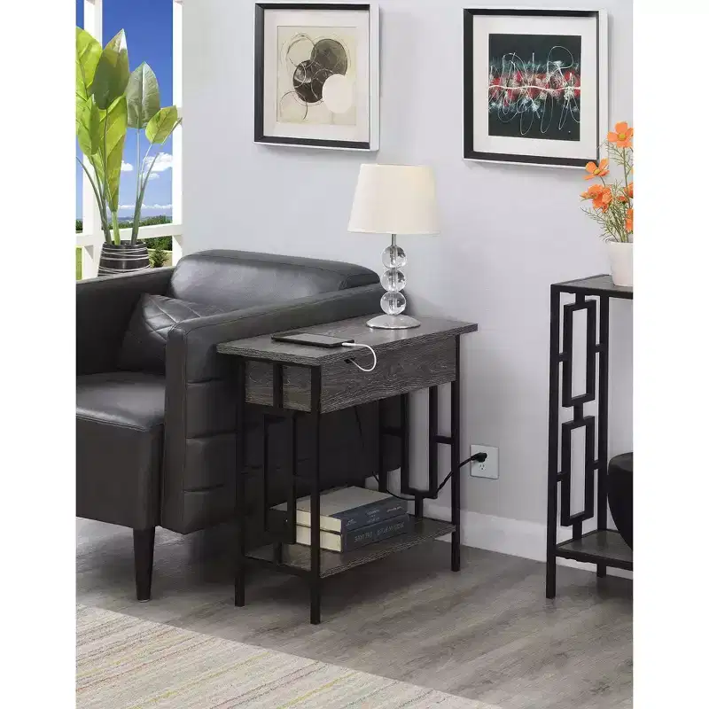 Flip Top End Table with Charging Station, USB Ports, Cable Management and Bottom Shelf, Weathered Gray/Black