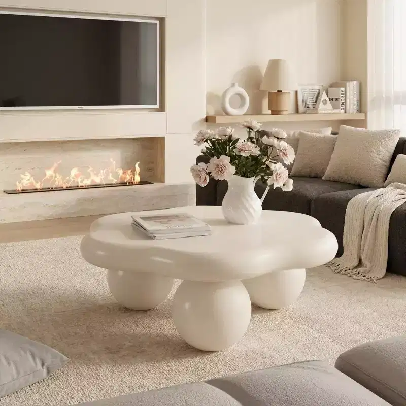 35-inch petal-shaped modern minimalist coffee table with spherical legs, space-saving living room table ideal for small apartments, cream white