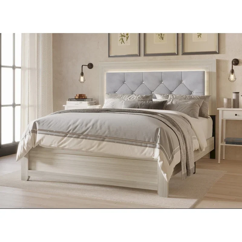Velvet Upholstered Panel Bed with Diamond Tufting and Touch LED Headboard – Silver Gray / Light Gray, Full / Queen / King, 2-Person Use