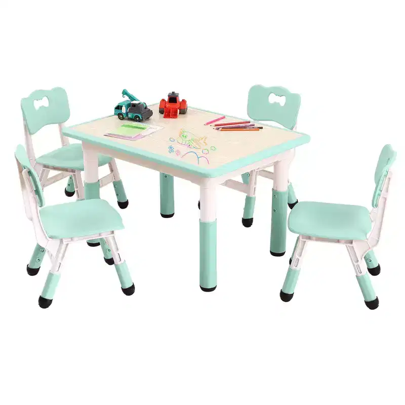 Adjustable Kids Table & 4 Chairs Set  Non-Slip, Graffiti-Resistant, Multi-Activity Desk for Ages 2-10  Home/Daycare/Study Room, Lake Blue