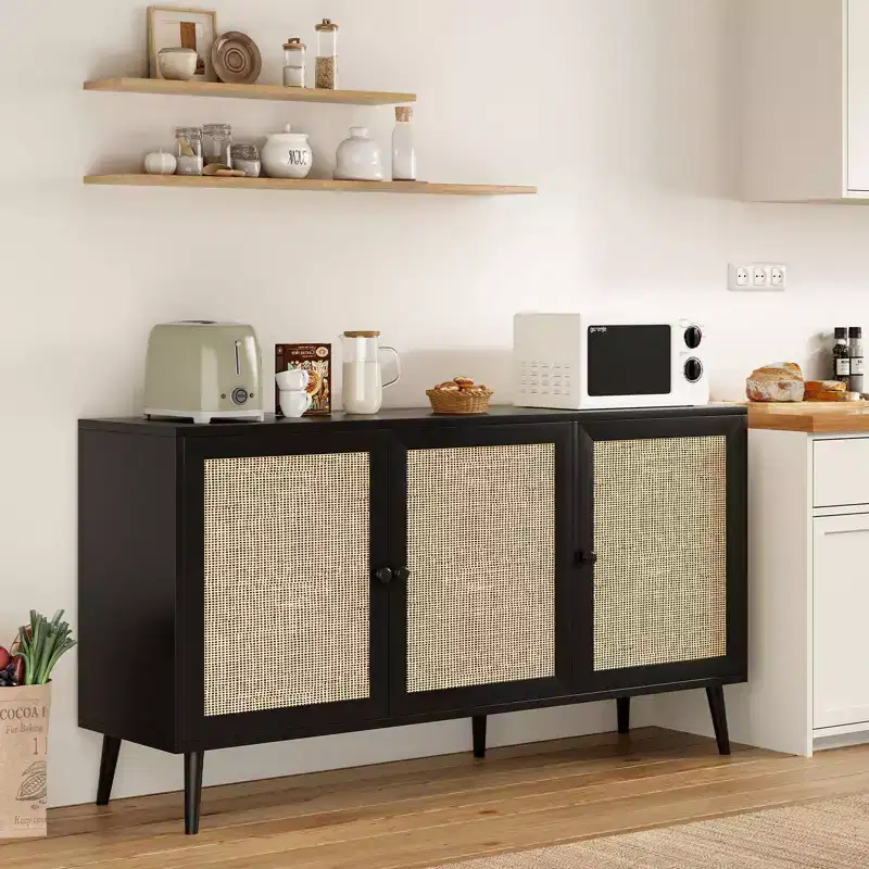 Side Panel Cabinet With 3 Rattan Doors Kitchen Storage Cabinet Modern Adjustable Legs