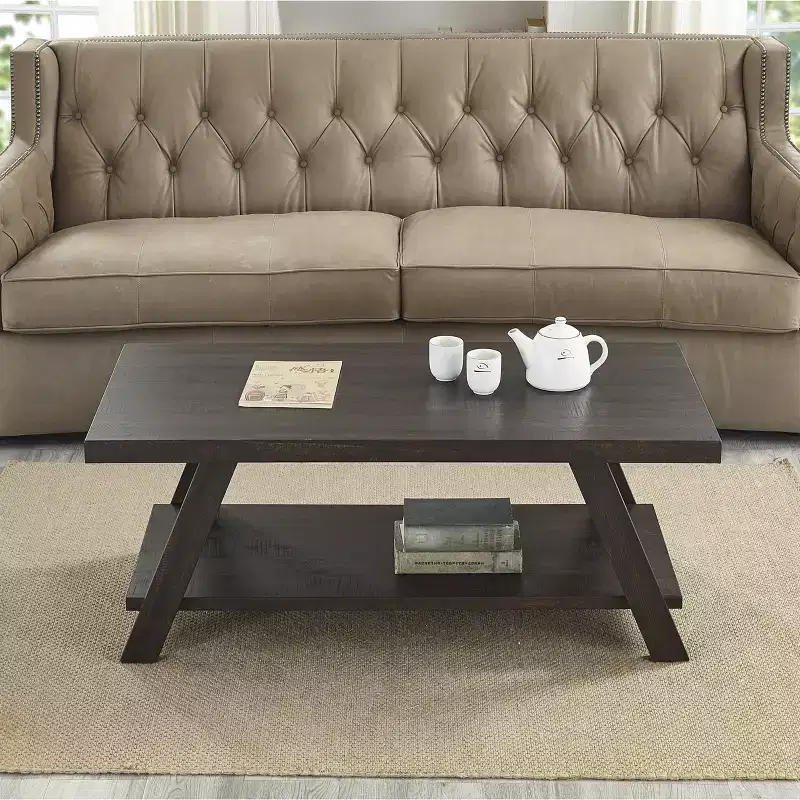 Contemporary Wood Shelf Coffee Table in Weathered Espresso