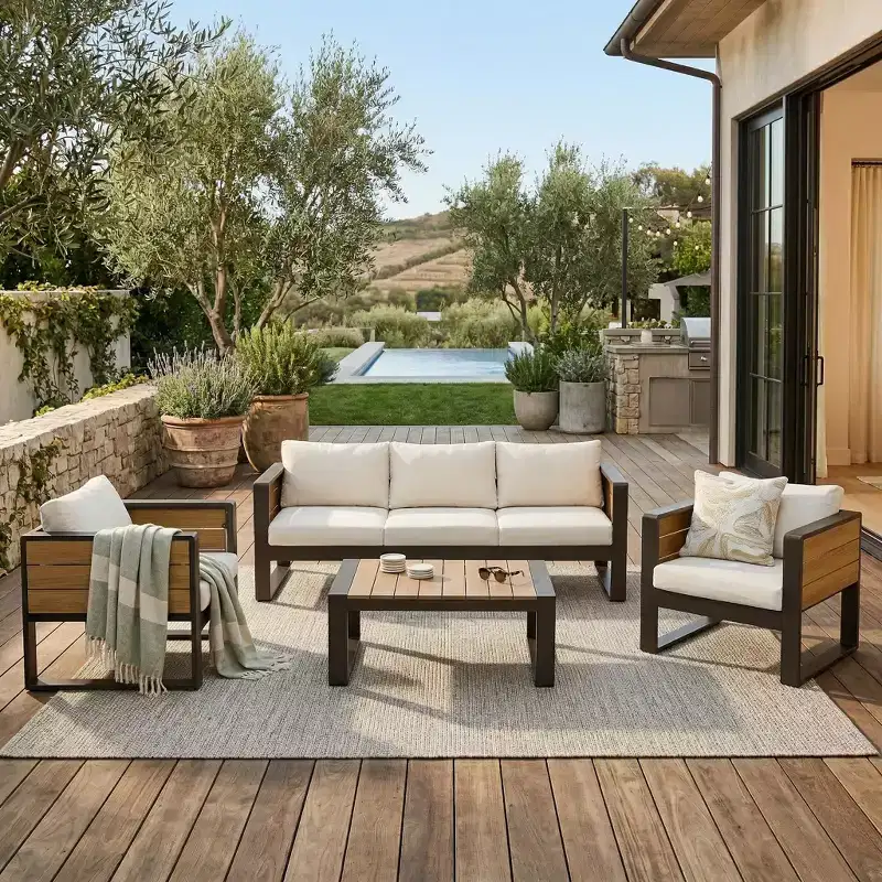 ModernLuxe 4pcs Outdoor Sofa Set Patio Conversation Set Garden Seating Set for 5 with Coffee Table, 3-Seat Sofa & 2 Armchairs with Fold-Out Side Table