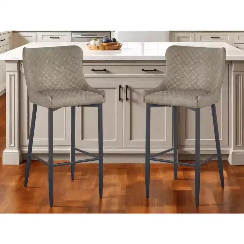 HomeRoots Set of Two 26 Gray and Black Faux Leather and Metal Low Back Counter Height Bar Chairs