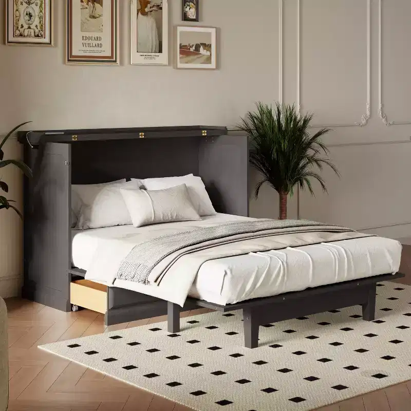 Queen/Full Size Wooden Murphy Bed with USB Charging & Storage Drawers
