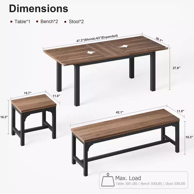 5 Pieces Dining Table Set for 4-6, 63 Large Extendable Dining Room Table with Benches and Stools