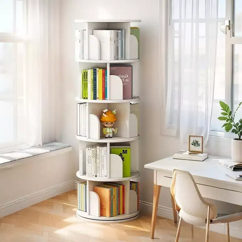 5 Tier 360 Rotating Bookshelf, 18.1118.1161.81 Warm White Round Spinning Book Tower, Sturdy MDF Structure, Space-Saving Storage for Books/Decor