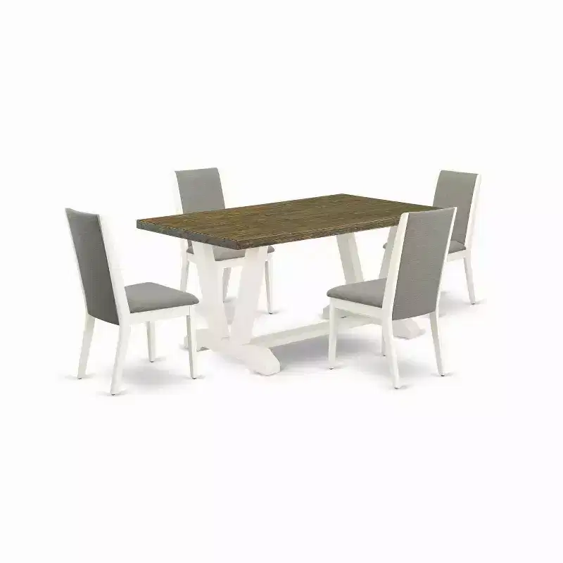 HomeStock 5-Piece Rectangle Wire Brushed Linen White Finish Solid Wood Top Dining table with 4 Chairs