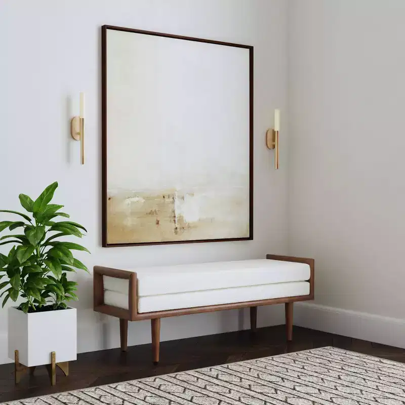 Upholstered Boucle Bench with Wood Base Cream: Mid-Tone Walnut Finish, Rectangle Shape, Polyester Upholstery