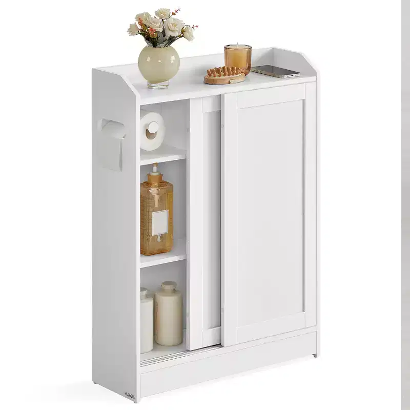Slim Bathroom Storage Cabinet with Sliding Doors and Adjustable Shelves