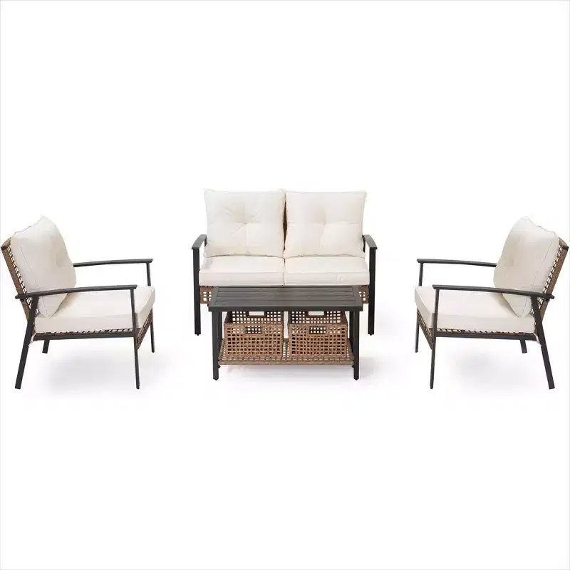 LAUSAINT HOME 4-piece Rattan Conversation Set Comfortable Oversized Outdoor Furniture Set for Backyard