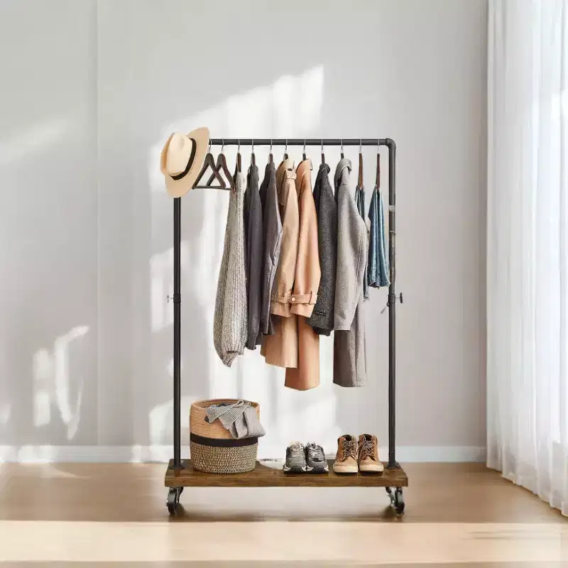 LEDREM Rolling Garment Rack with Shelf, Heavy-Duty Industrial Pipe Style Clothes Rack for Bedroom, Laundry Room, Commercial Display