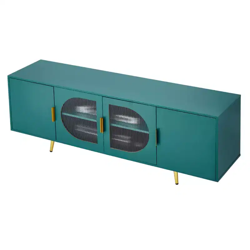 VEVOR TV Stand for TVs up to 75 inch, Modern Entertainment Center with Glass Doors and Gold Legs, TV Cabinet Storage with Adjustable Shelves, Green