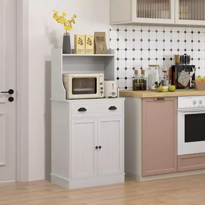 Microwave Cabinet with Drawer, Double Door Cabinet and Adjustable Shelf, Buffet with Hutch and Cable Hole for Kitchen, Dining Room, White