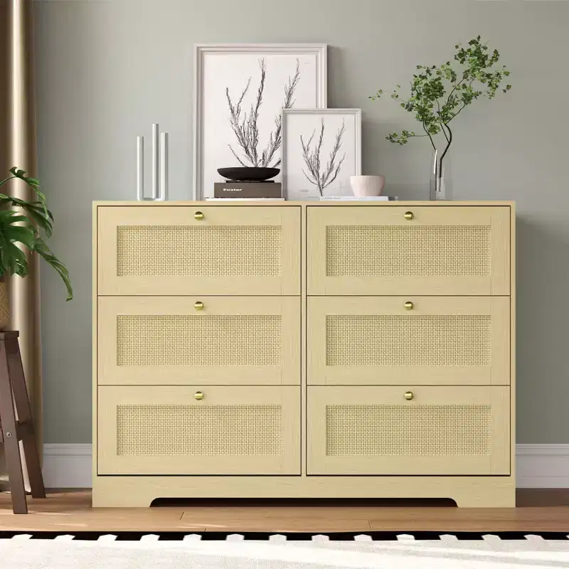 Modern 6-Drawer Boho Dresser with Solid Wood Legs, Long Storage Chest for Bedroom & Living Room