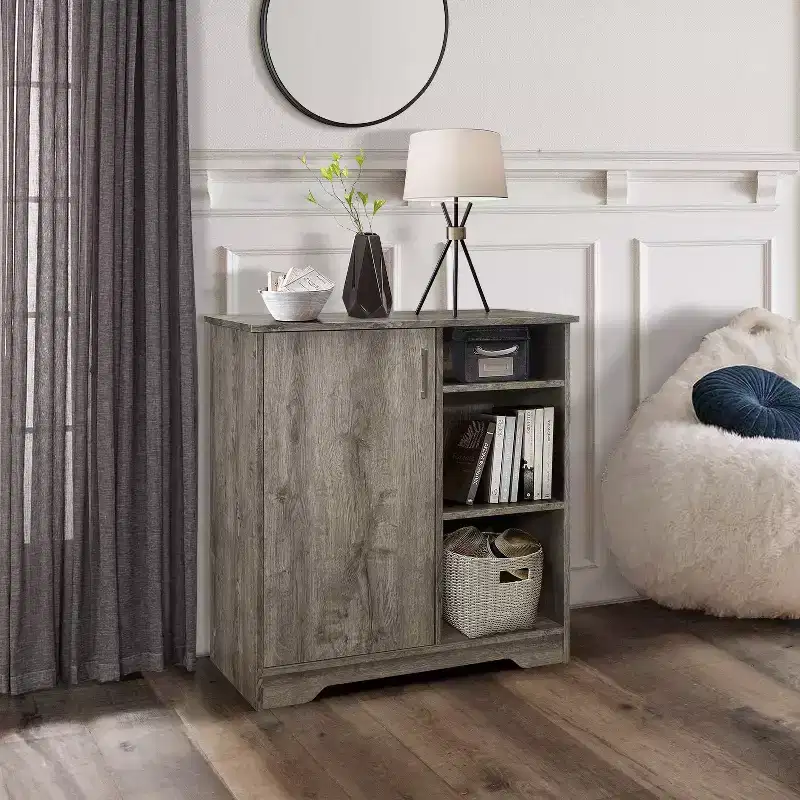 Kings Brand Furniture - Sideboard Accent Storage Cabinet with 3 Shelves and 1 Cupboard, Oak