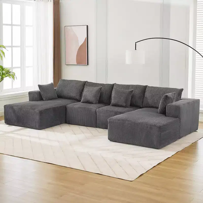 Sofa, 137 U-Shaped Cloud Sectional Couch with Double Chaises  Boneless Corduroy Deep Seat Modular Sofa No Assembly for Living Room/Apartment Gray