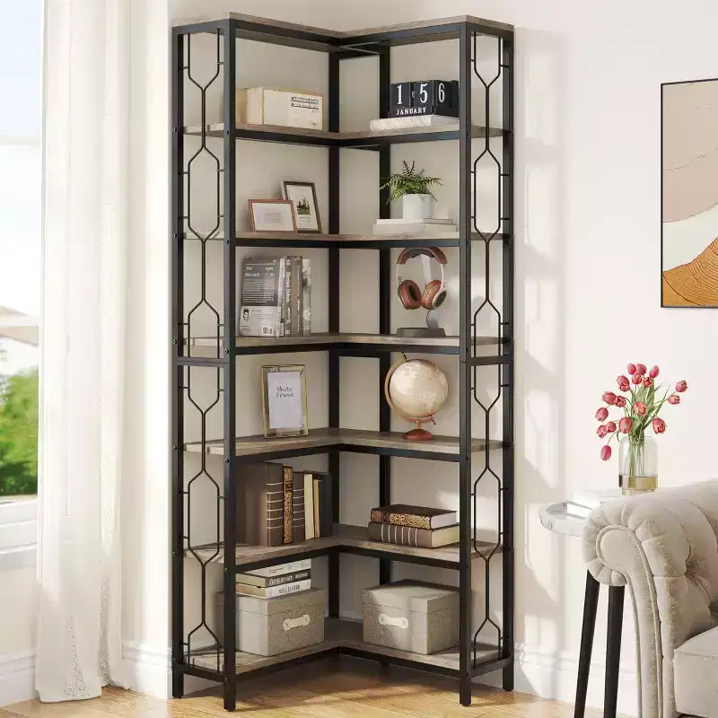 Tribesigns 7-Tier L-Shaped Bookshelf, Wood Corner Etagere Bookcase, Freestanding Display Shelving Unit
