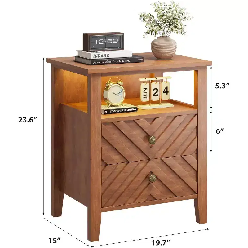 LED Nightstand with 2 Storage Drawers and Stable Wooden Legs, V-Shaped Farmhouse Nightstand and Open Storage Shelf, Nightstand, Rustic Side Table