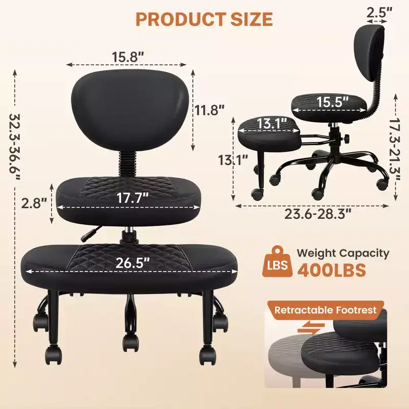 Cross-Legged Office Chair with Wheels, Meditation Chair, ADHD Desk Chair for Adults, Black