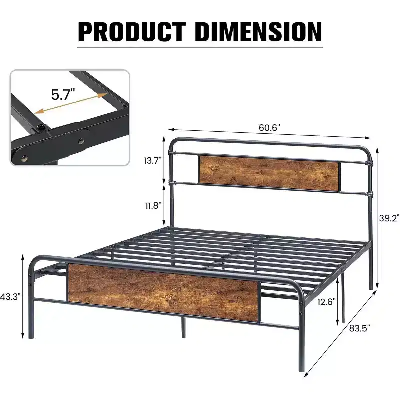 Queen Size Platform Bed Frame, Rustic Vintage Wood Headboard, Strong Metal Slats, Mattress Foundation, No Box Spring Needed