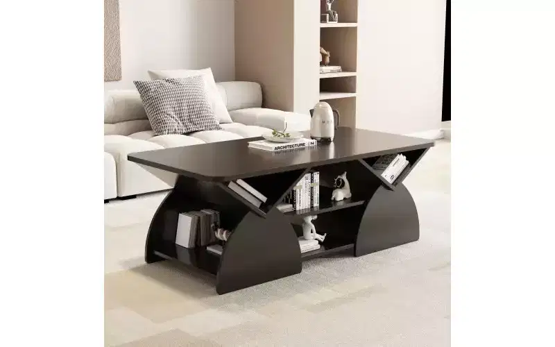 Rectangular Coffee Table with Open Shelves and Engineered Wood Frame, Easy Assembly Storage Table for Living Room or Home Office