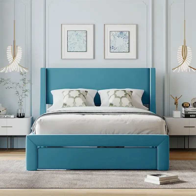 Blue / Pink / Beige / Grey Velvet Full Size Platform Bed with Upholstered Headboard and 1 Storage Drawer for 2 Person